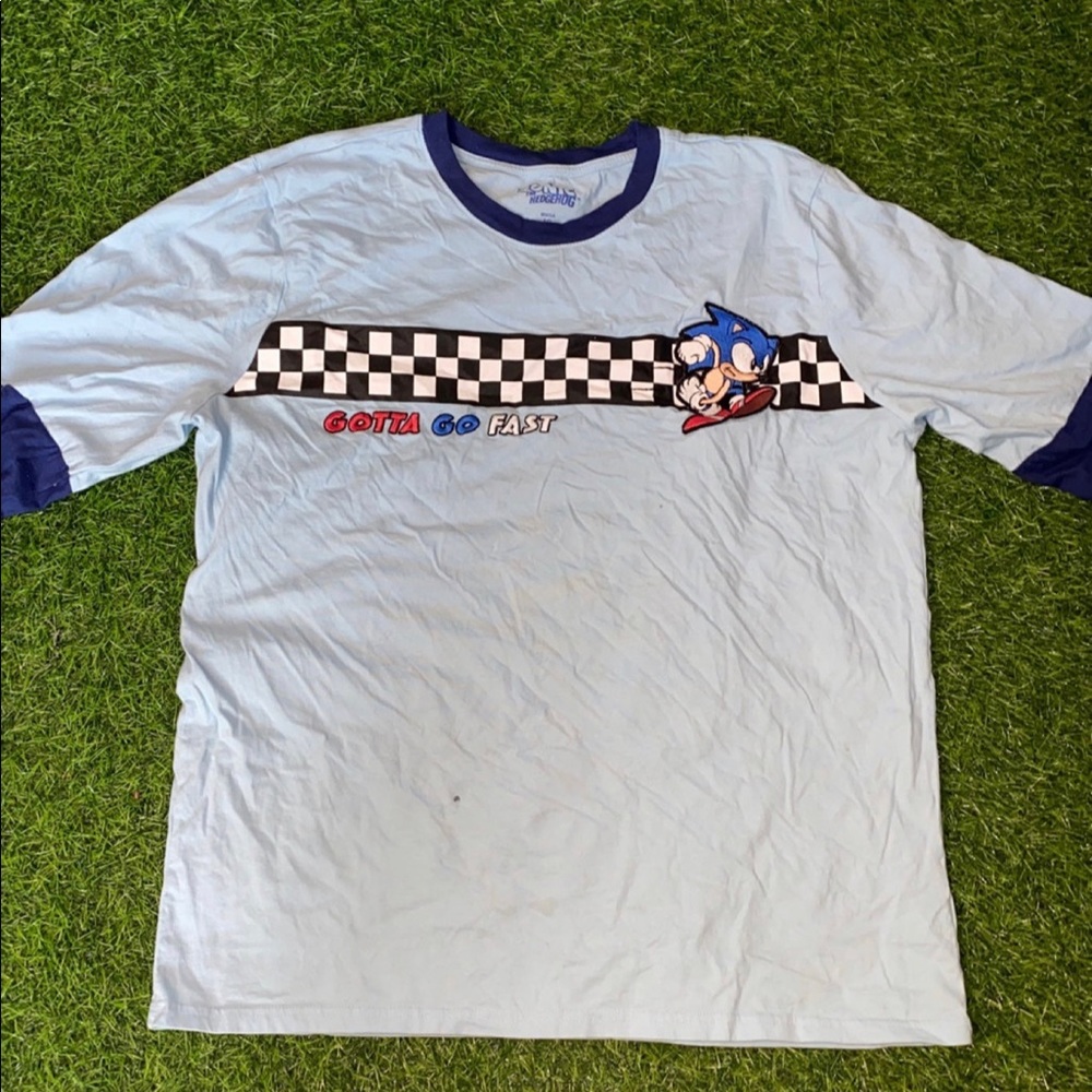 Sonic The Hedgehog T-shirt long sleeve racing tee with a black stain pre-owned